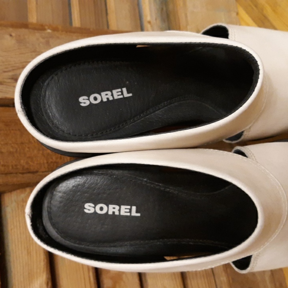 SOREL Cream Sueded Leather Black Heeled Clogs, GUC, SZ 7 - Picture 14 of 14